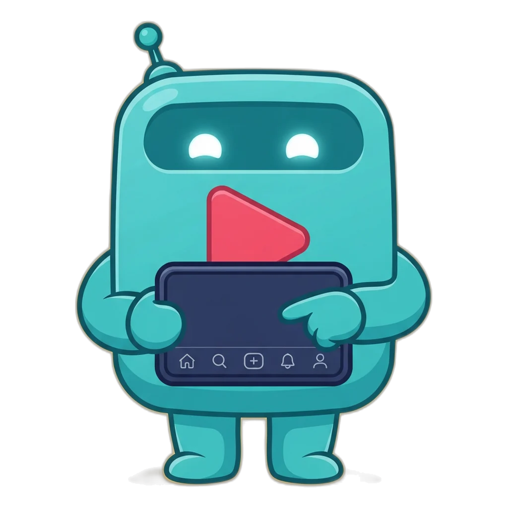 Clip the play-button robot taps the upload tab on a phone running the 6E Club app