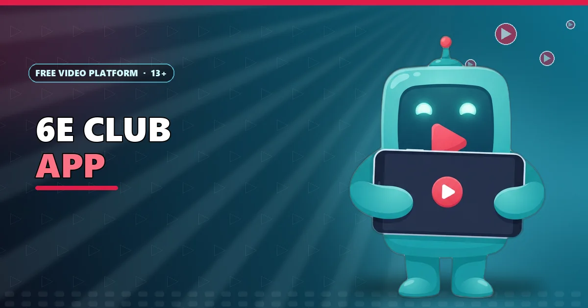 Clip the play-button robot hugging a phone with one app icon for the 6E Club app guide