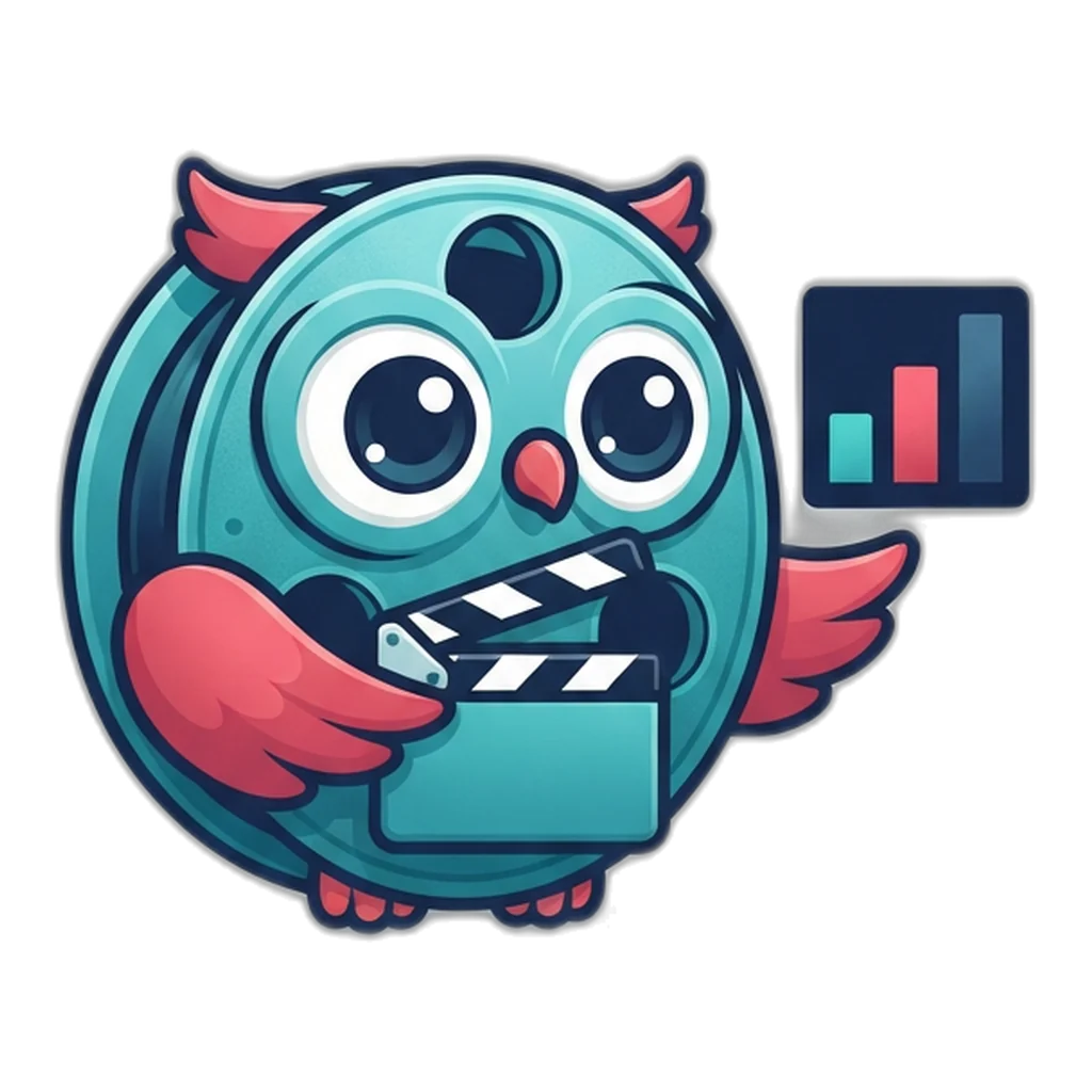 Reel the film-reel owl studies a small three-bar chart of views over 7, 28 and 90 days