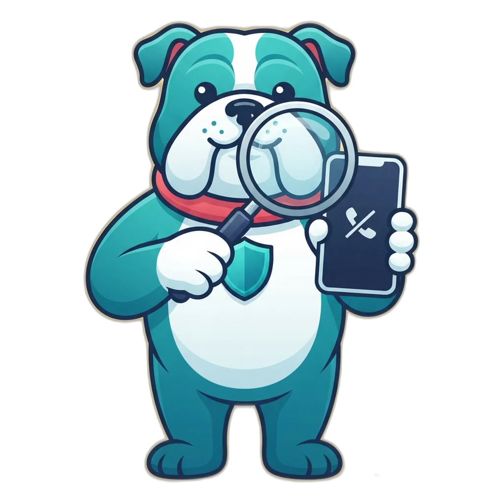 Guard the shield bulldog inspects a phone showing a crossed-out helpline icon