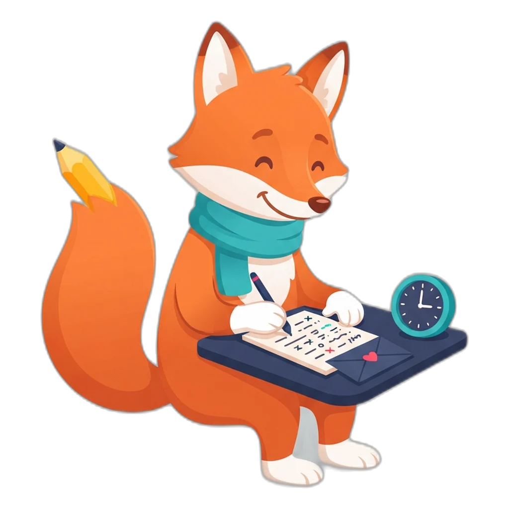 Scribe the fox writes a numbered note to 6E Club customer care beside an envelope and a clock