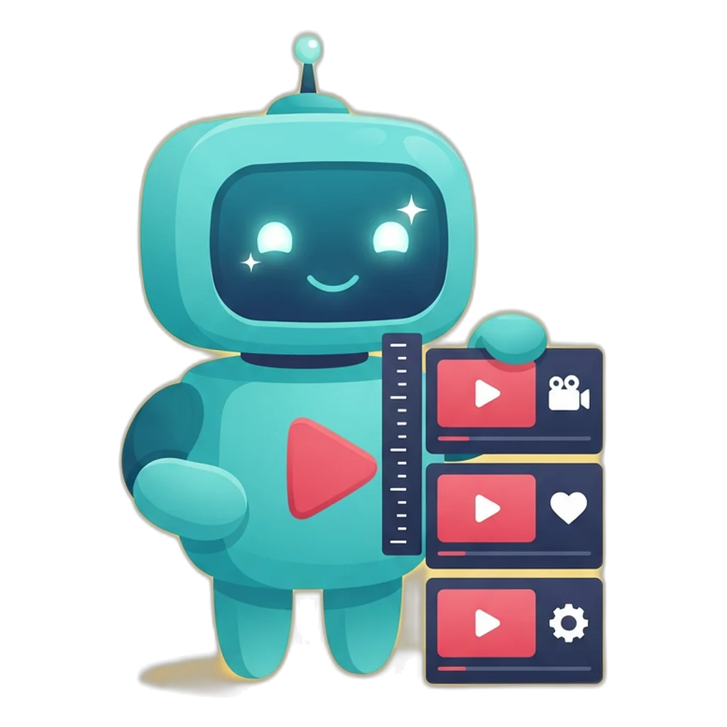 Clip the play-button robot measures a stack of video tiles with a ruler