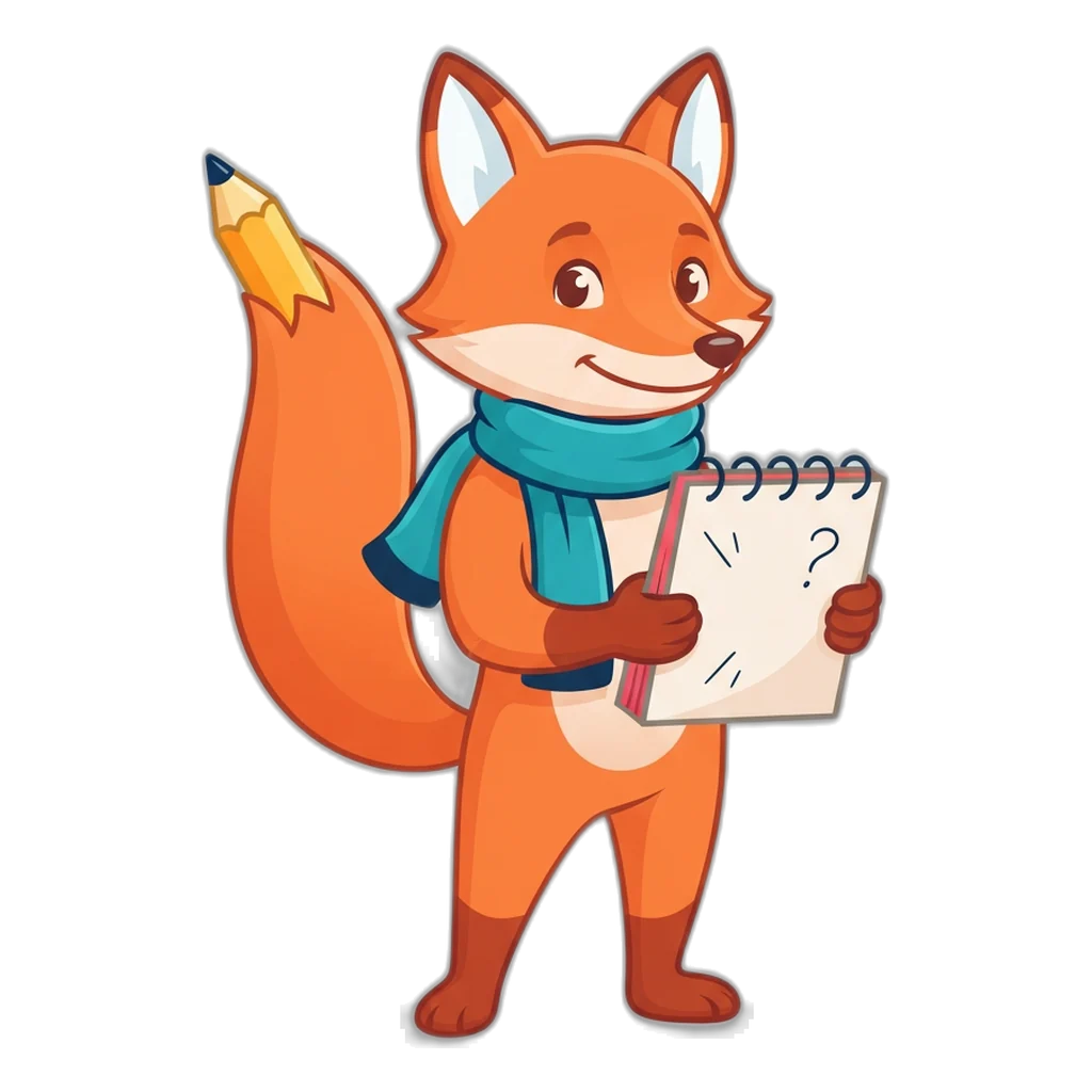 Scribe the pencil-tailed fox checks off questions on a notepad for the 6E Club FAQ