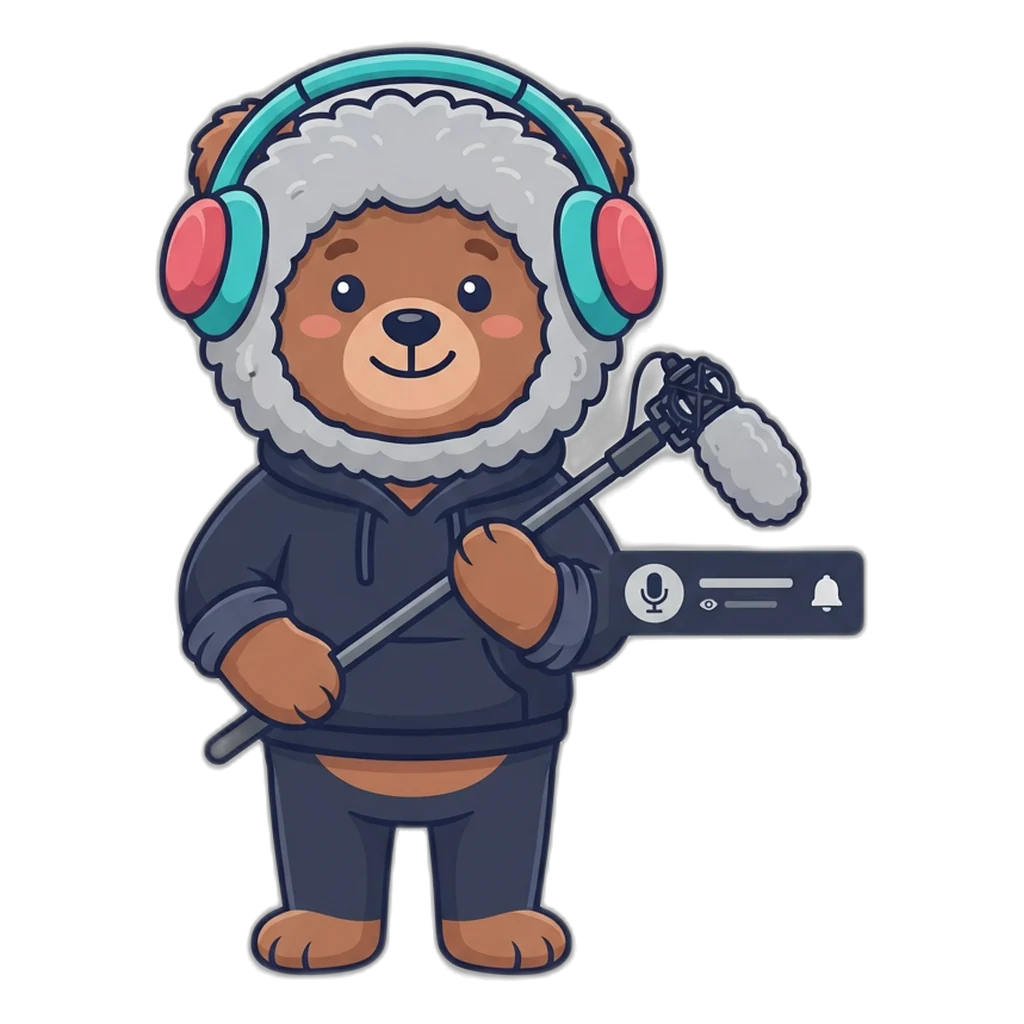 Boom the boom-mic bear holds a microphone over a channel card with a follow bell