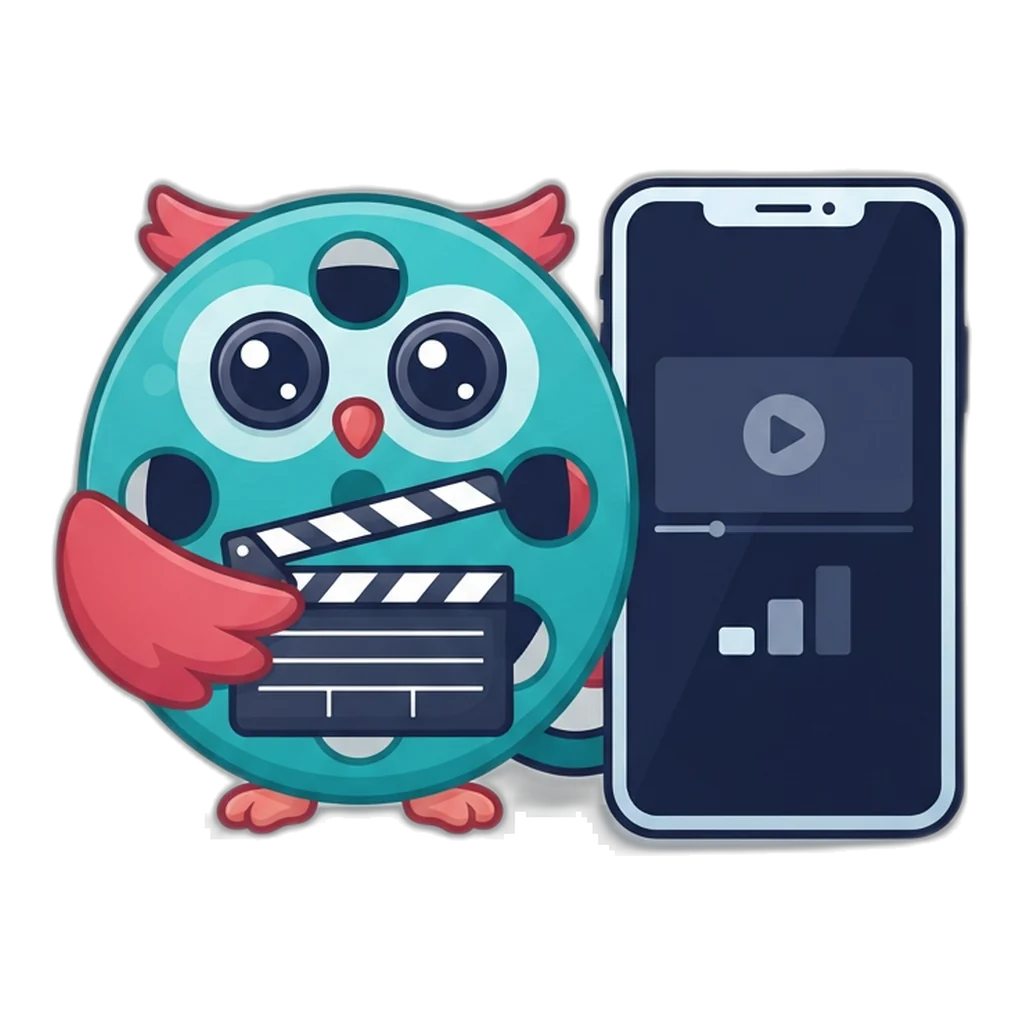 Reel the film-reel owl shows a phone playing a video with three quality levels