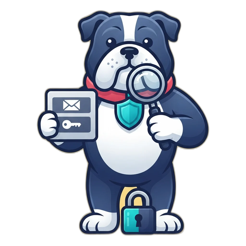 Guard the shield bulldog checks a two-field sign-in card with an envelope and a key