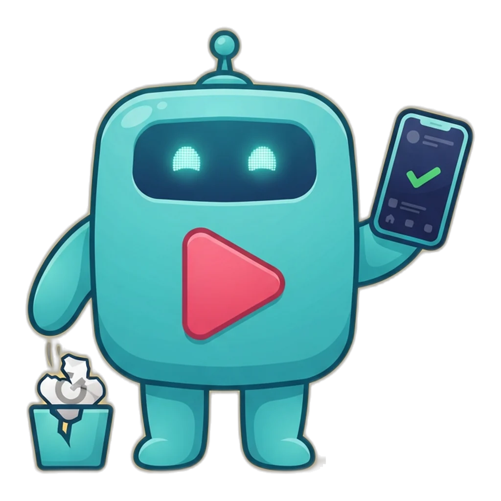 Clip the play-button robot shows a green-tick phone while a copycat icon drops into a bin