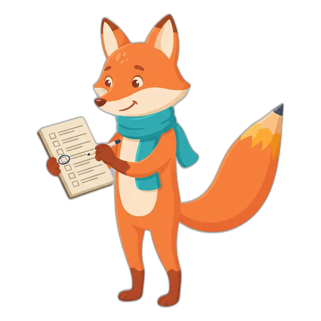 Scribe the fox ticks a ten-line checklist with a torn copycat card lying nearby