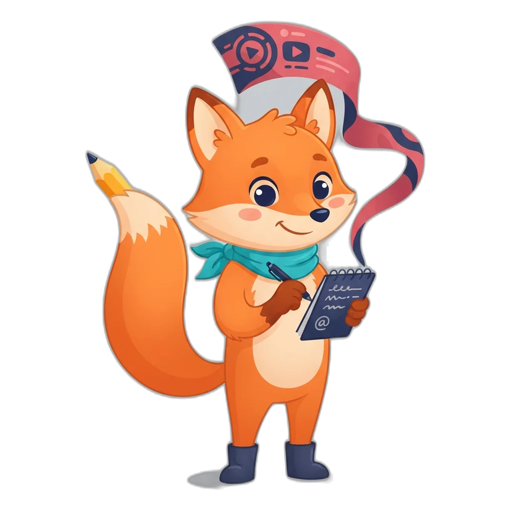 Scribe the fox writes a channel handle on a notepad as a banner unfurls behind it