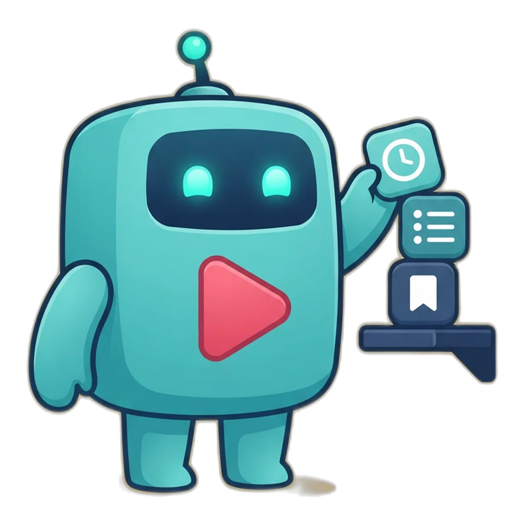 Clip the play-button robot sorts Favorites, playlists and history tiles onto a shelf