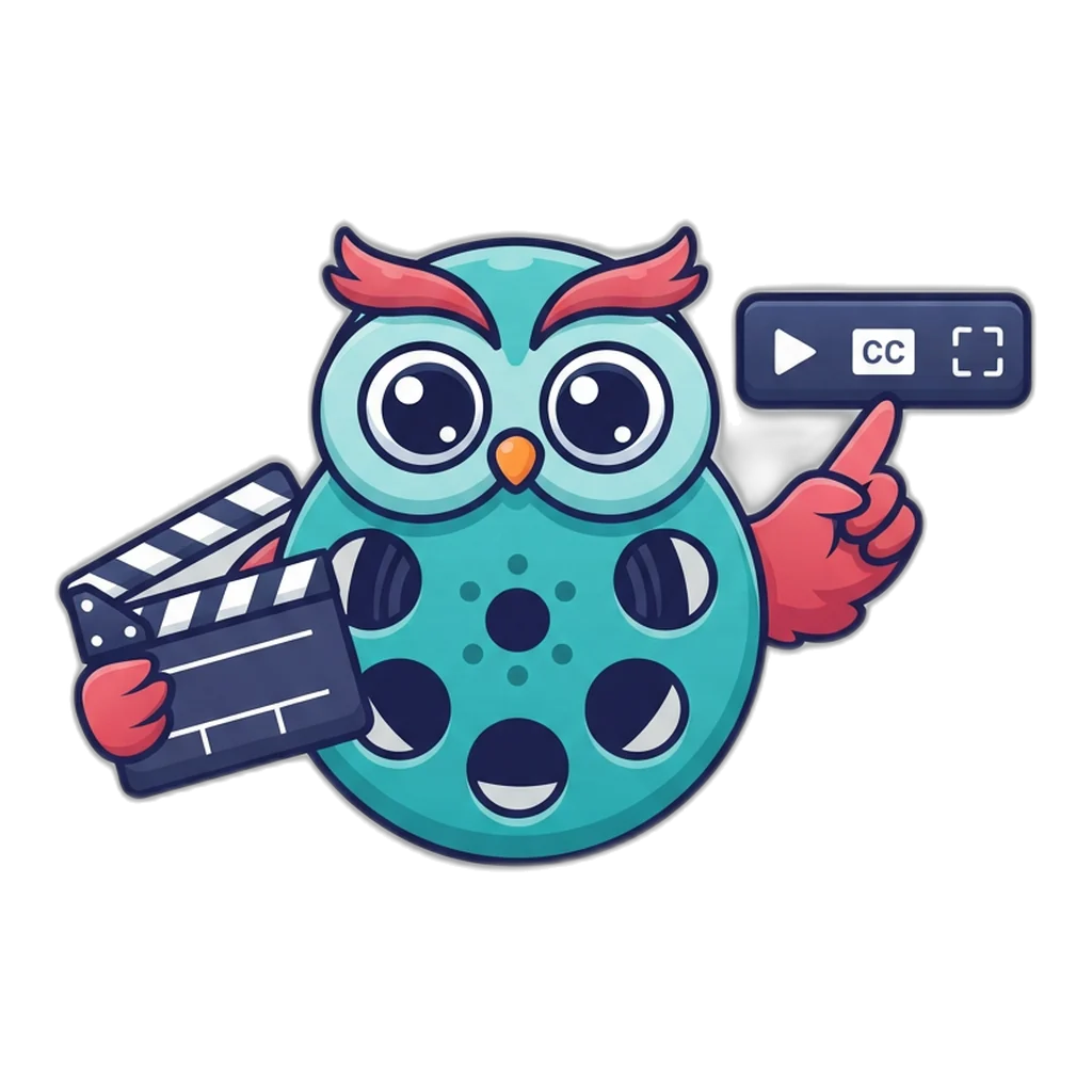 Reel the film-reel owl points at the player bar used for 6E Club videos on a phone