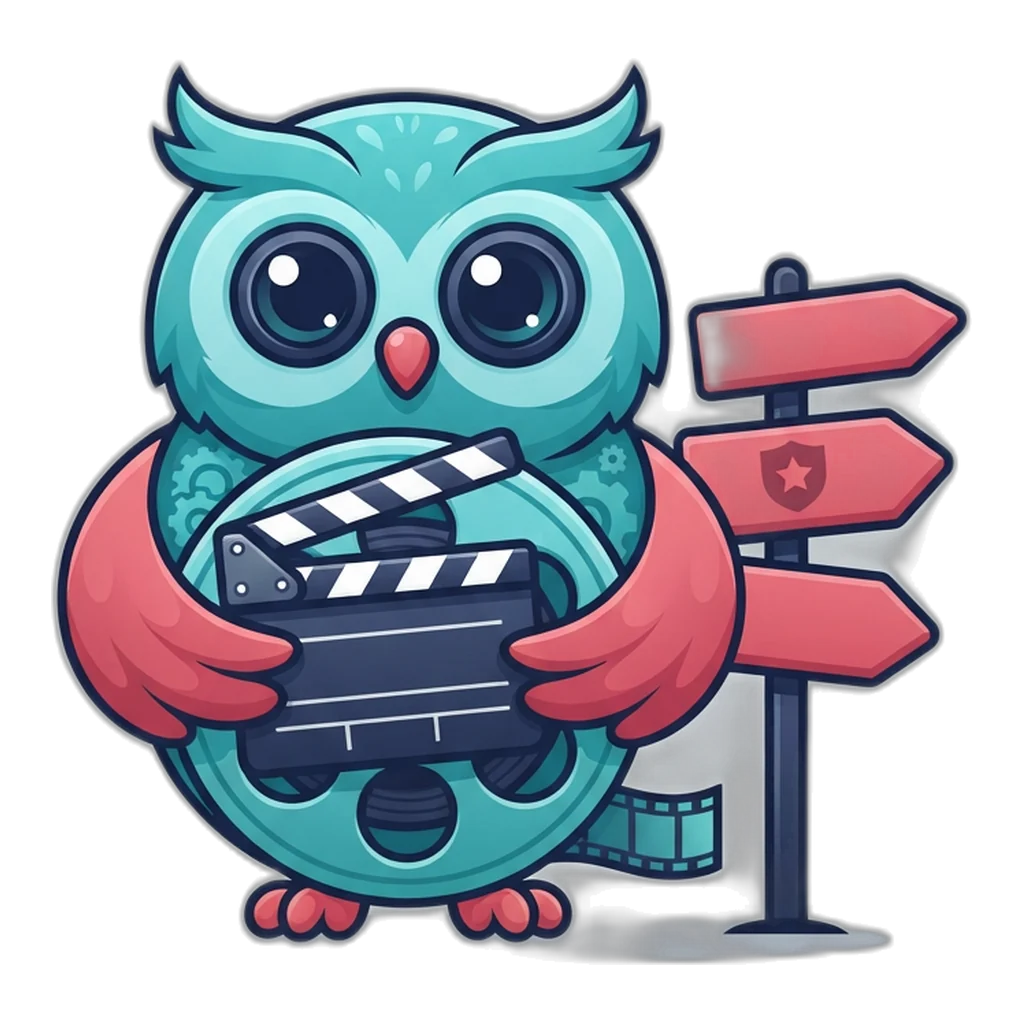 Reel the film-reel owl stands beside a signpost showing the community guidelines report routes