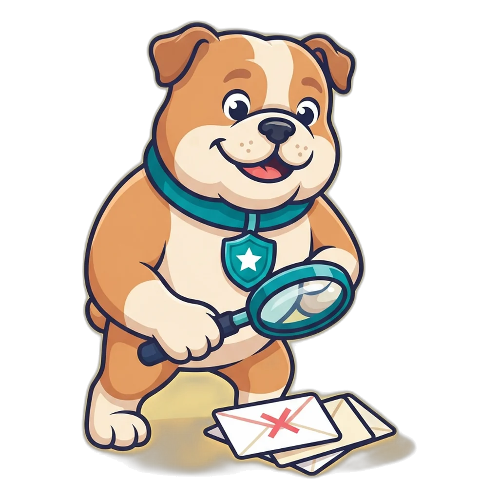 Guard the shield bulldog inspects a stack of takedown notices with a magnifier