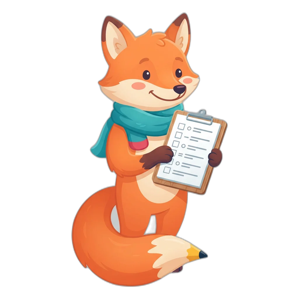 Scribe the pencil-tailed fox ticks off the seven parts of a copyright notice on a clipboard