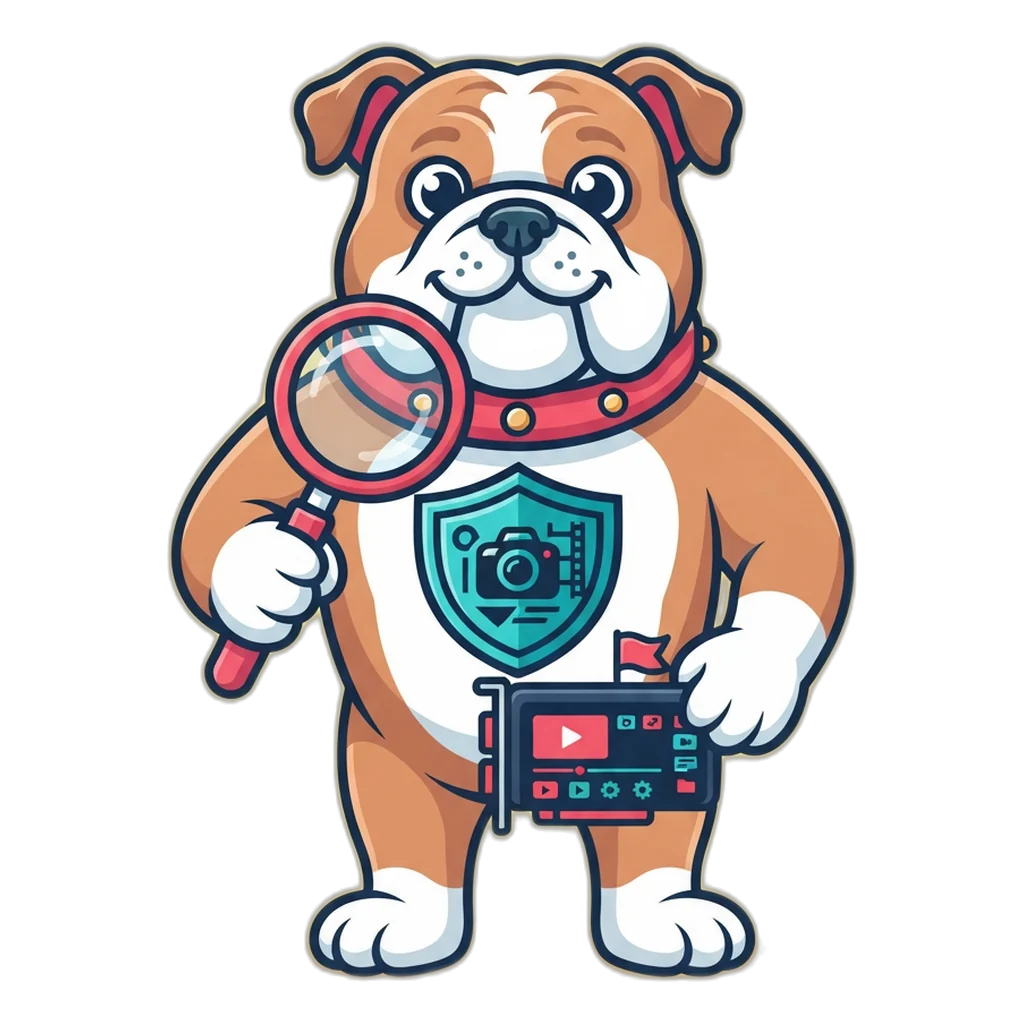 Guard the shield bulldog checks a reported video with his magnifier, the human review step of online safety