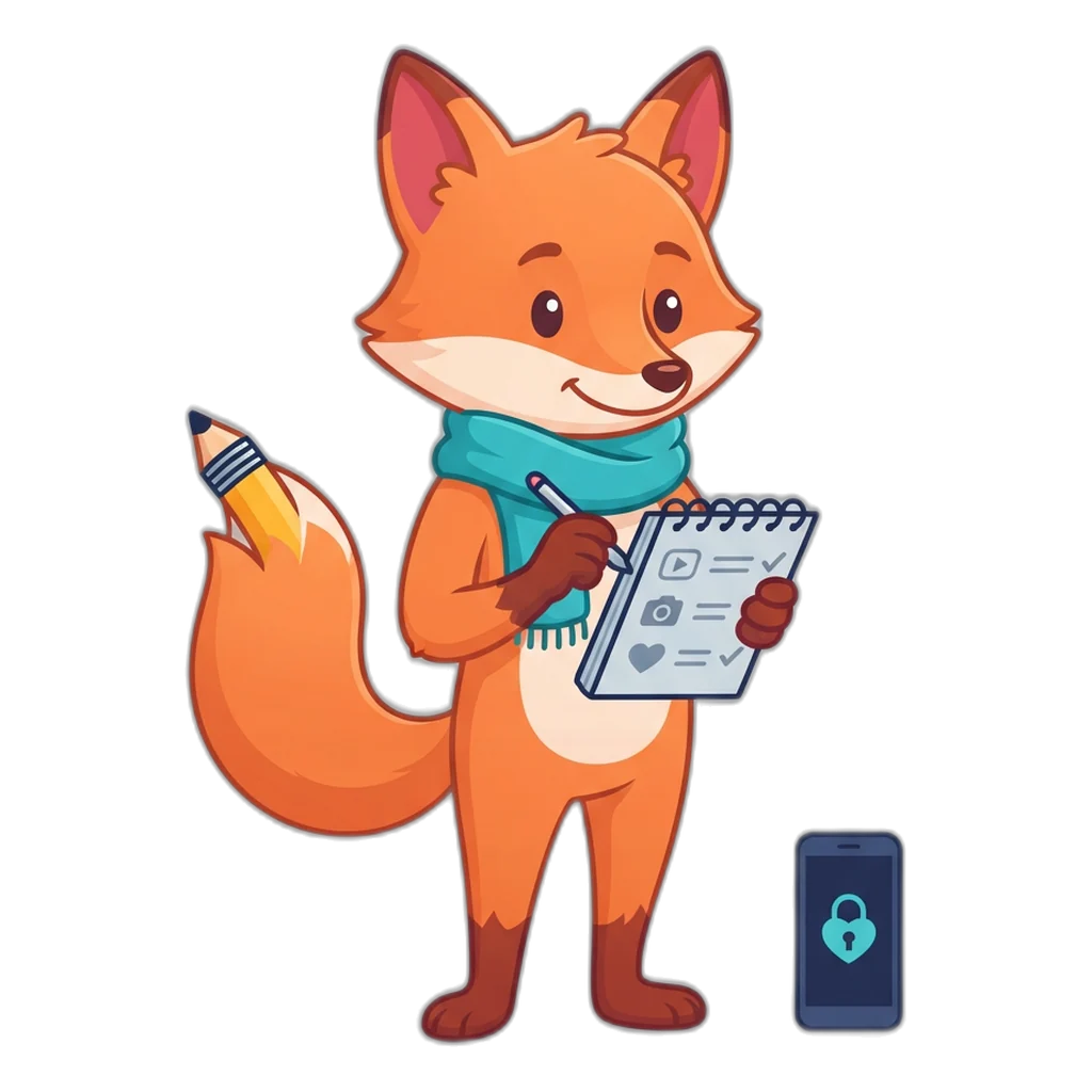 Scribe the fox ticks off the parents’ checklist on her notepad beside a locked phone